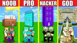 Minecraft Battle: HOTEL BUILD CHALLENGE – NOOB vs PRO vs HACKER vs GOD / Animation HOUSE BASE